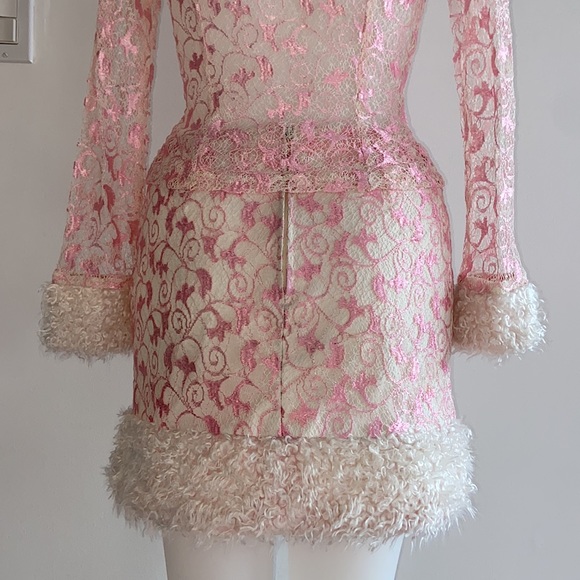 90s Vintage Pink & White Lace With Fur Set - Picture 12 of 12